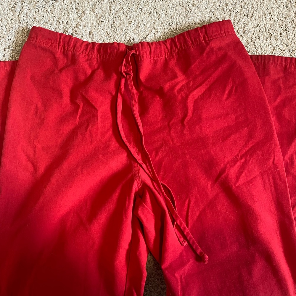 Red drawstring scrub pants